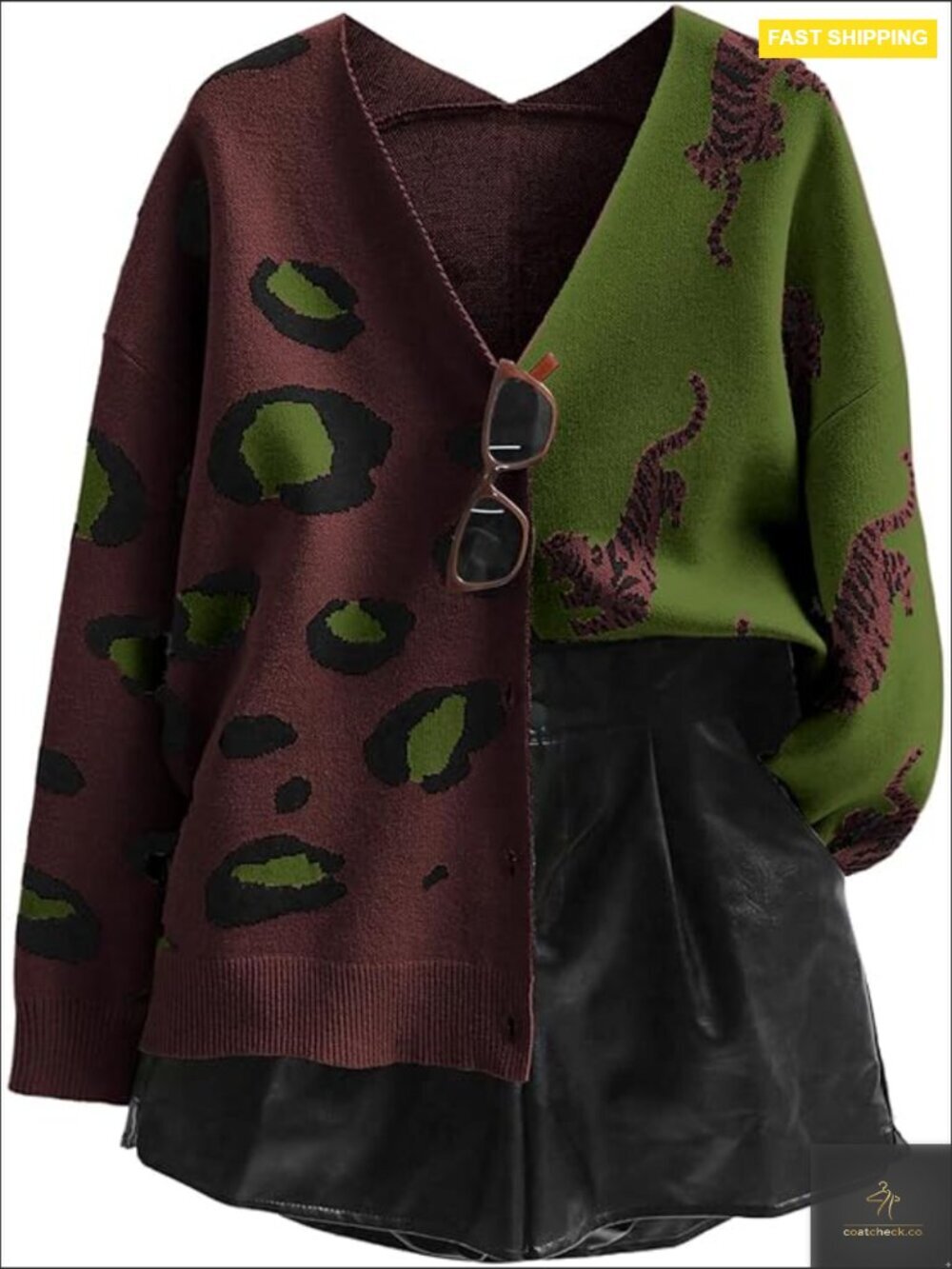 Vintage Cardigan Leopard Tiger Print V Neck Color Block Button Down Chunky Soft